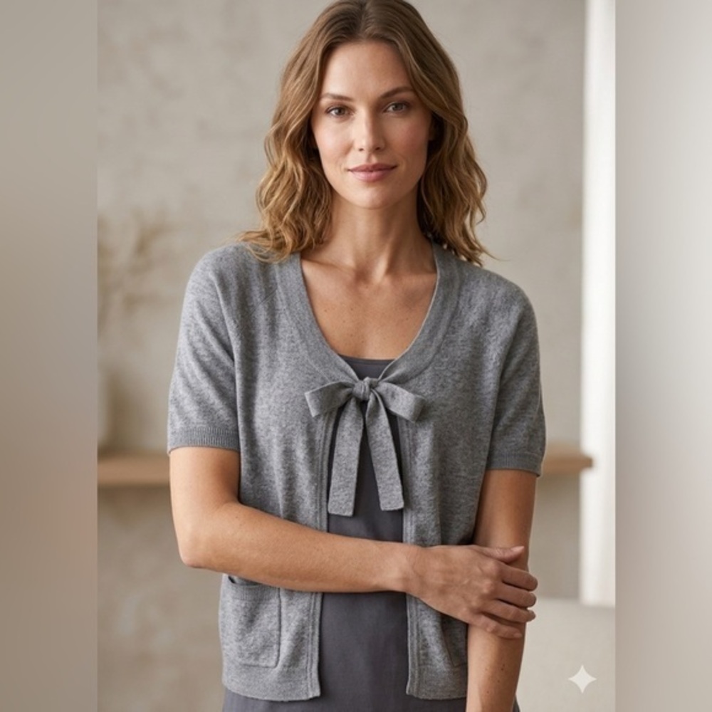 NWT Worthington Women’s Small Gray Cotton Short Sleeve Tie Cardigan Sweater S